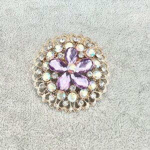 Round Gold Tone Purple Clear and Iridescent Rhinestone Floral Brooch Pin